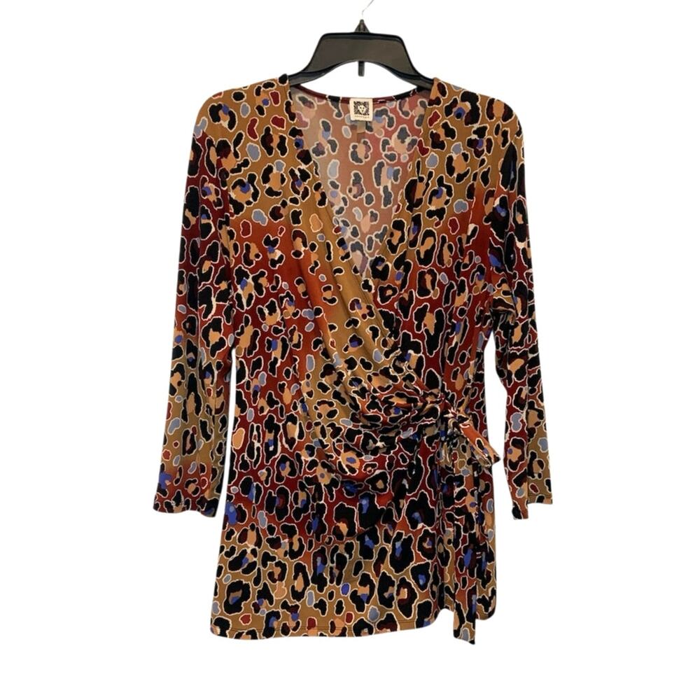 Women's Anne Klein Leopard Print Three-Quarter Sleeves Wrap Blouse Multicolor XL